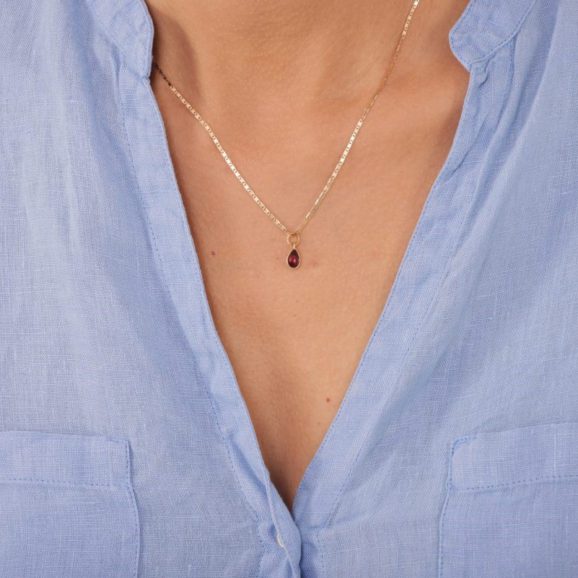 שרשרת גרנט מזהב 14 קראט – תליון טיפה בעבודת יד