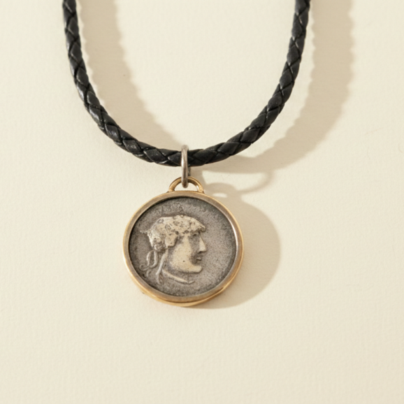 תליון מטבע עתיק משובץ בזהב בעבודת יד על רקע קרם של סטודיו צורפות פלוס