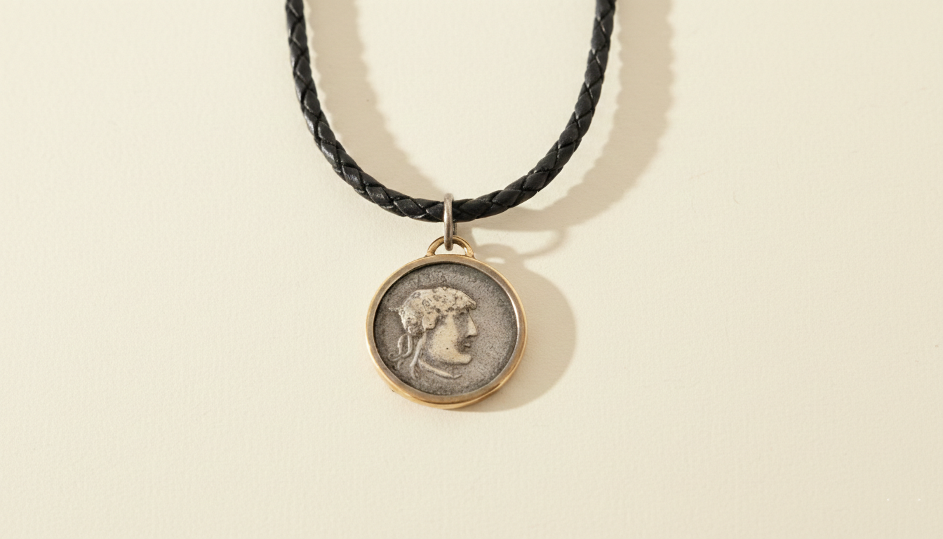 תליון מטבע עתיק משובץ בזהב בעבודת יד על רקע קרם של סטודיו צורפות פלוס