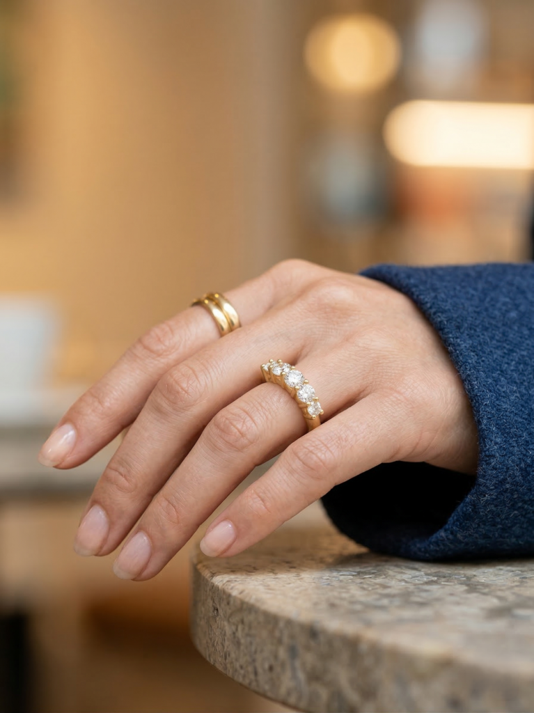 טבעת זהב 18 קראט עם חמישה יהלומים טבעיים על יד