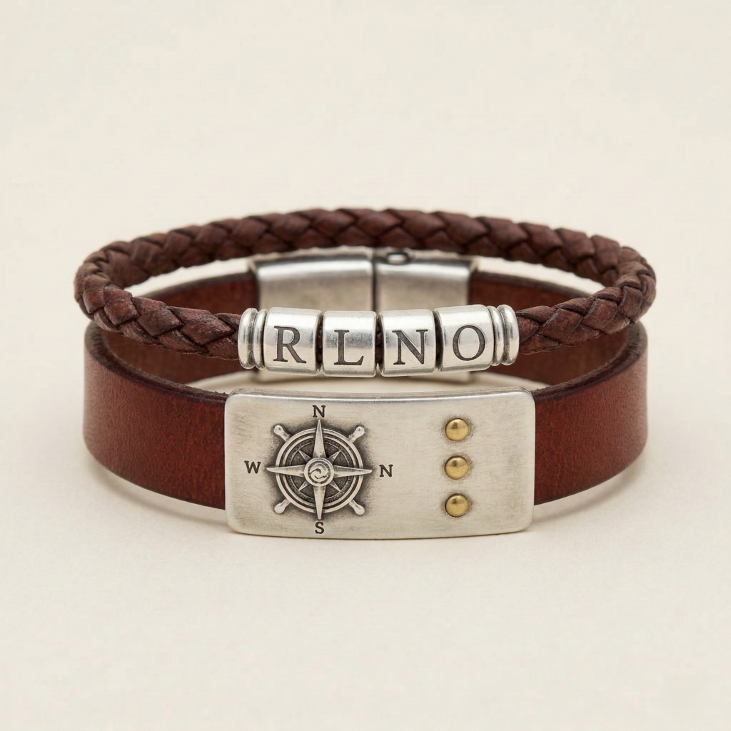 צמיד עור יוקרתי לגבר משולב זהב לבן 14 קראט עם חריטת מצפן וחבקי אותיות בעיצוב אישי של שירלי קורן